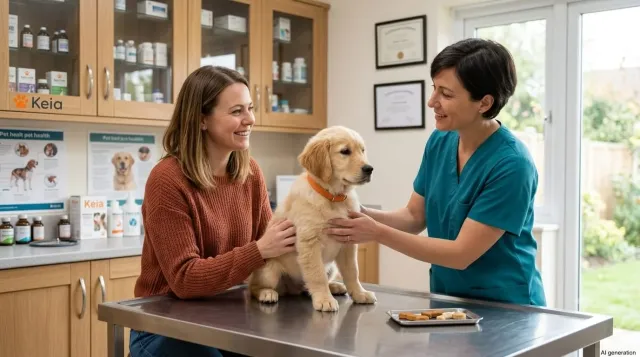 A young Golden Retriever puppy sitting calmly on an examination table at the vet clinic during a check-up