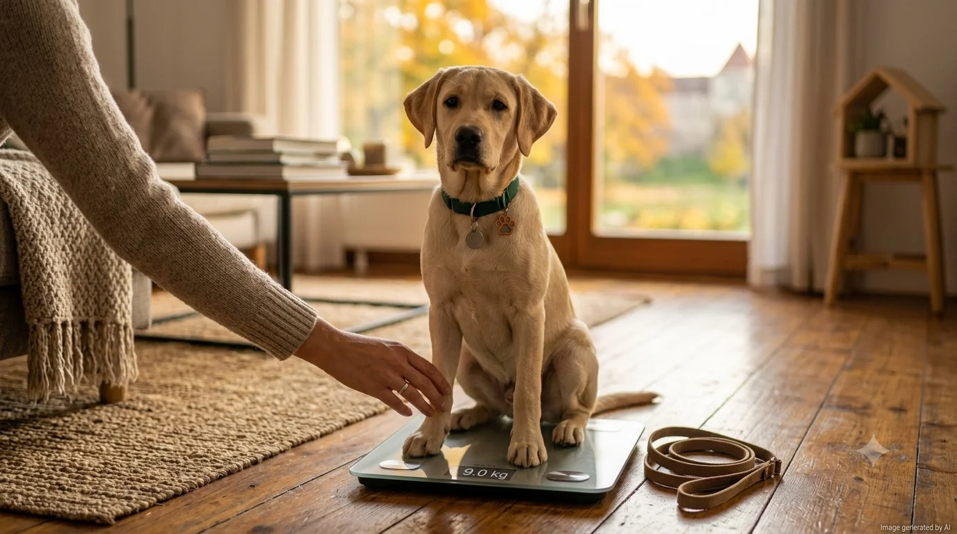 Jeune chiot Golden Retriever assis calmement sur une balance numérique en intérieur