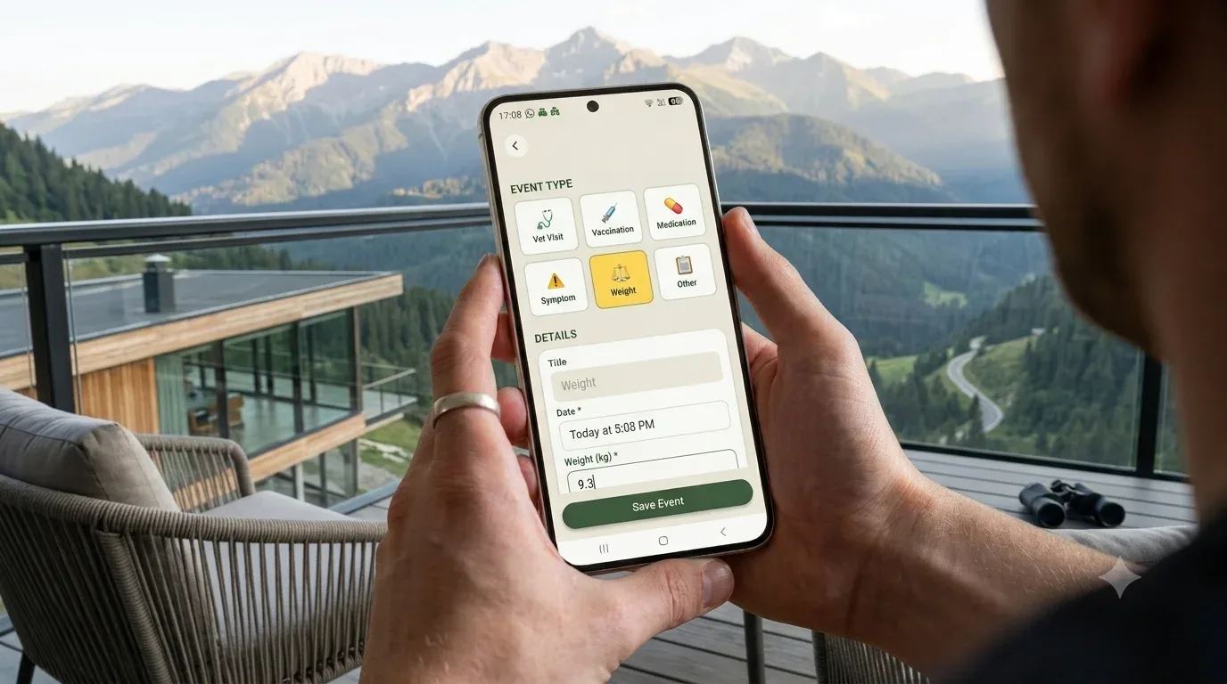 Person holding a smartphone using the Keia app to log pet weight on a balcony