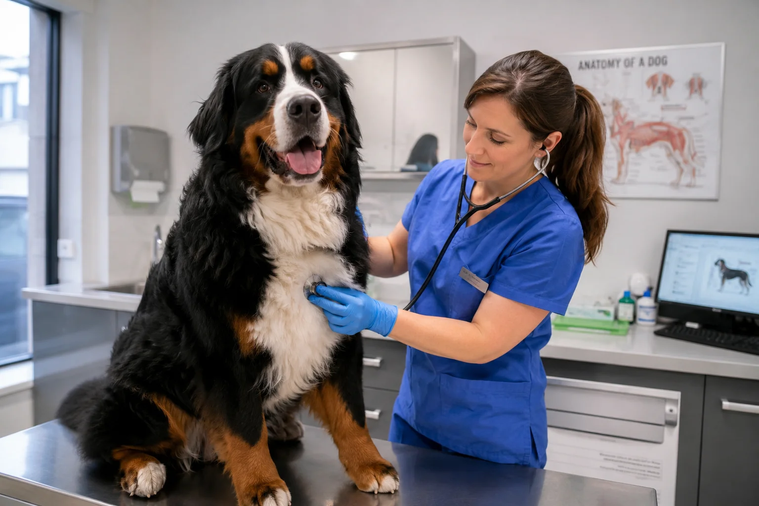 Ein großer Berner Sennenhund sitzt ruhig auf einem Untersuchungstisch, während ein Tierarzt eine dringende medizinische Untersuchung durchführt