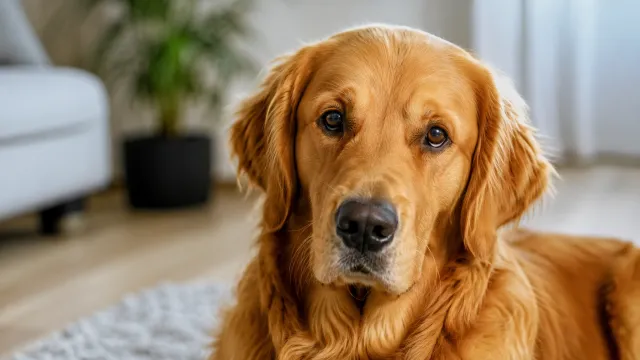 A close-up photograph of a calm golden retriever sitting indoors, looking thoughtfully at the camera with gentle lighting