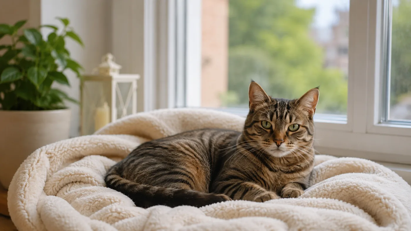 A cozy domestic cat resting comfortably on a soft blanket near a window in a peaceful home setting