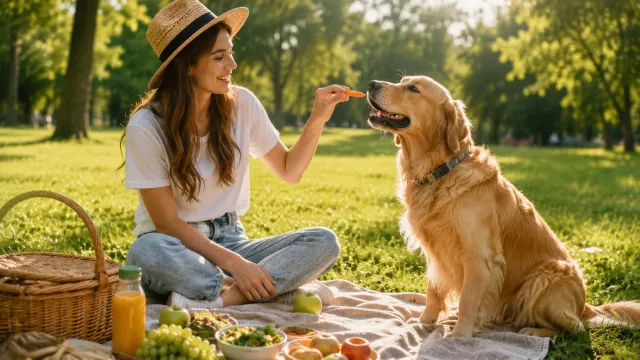 Tierhalter bietet einem glücklichen Hund bei einem Picknick in einem sonnigen Park eine frische Karottenscheibe an