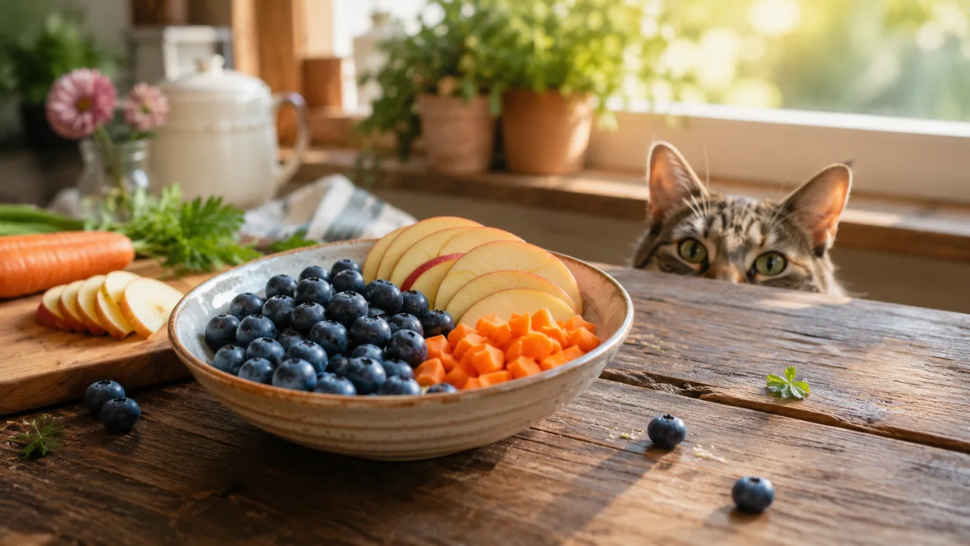 Un tazón de arándanos frescos, rodajas de manzana y zanahorias en un mostrador de madera con un gato curioso al fondo