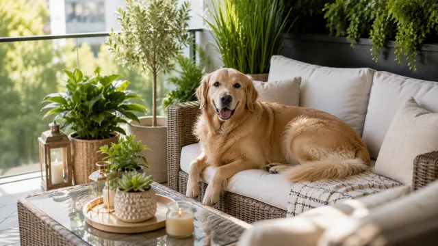 A relaxed dog resting comfortably on a sunny balcony sofa surrounded by green plants