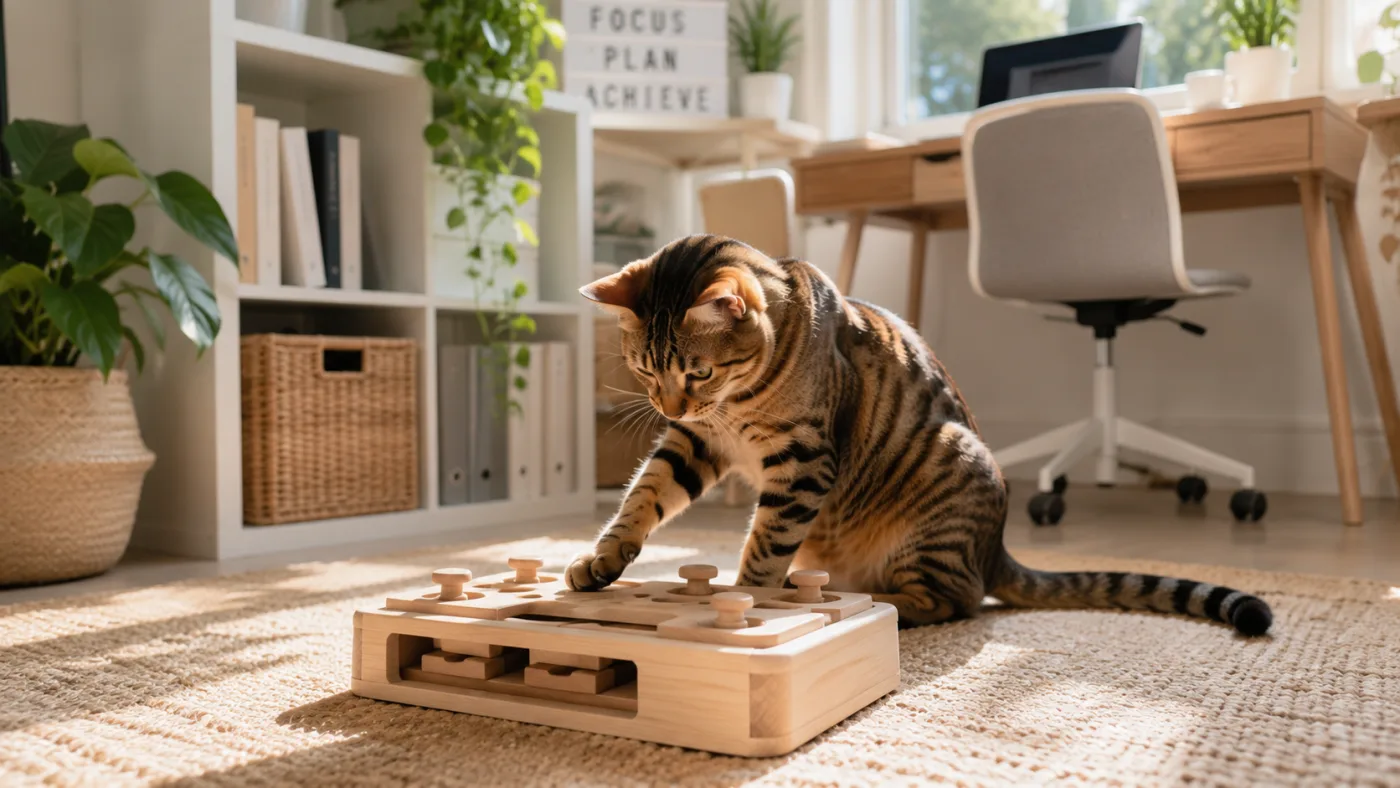 Un chat jouant avec un jouet puzzle interactif en bois dans un coin bureau lumineux