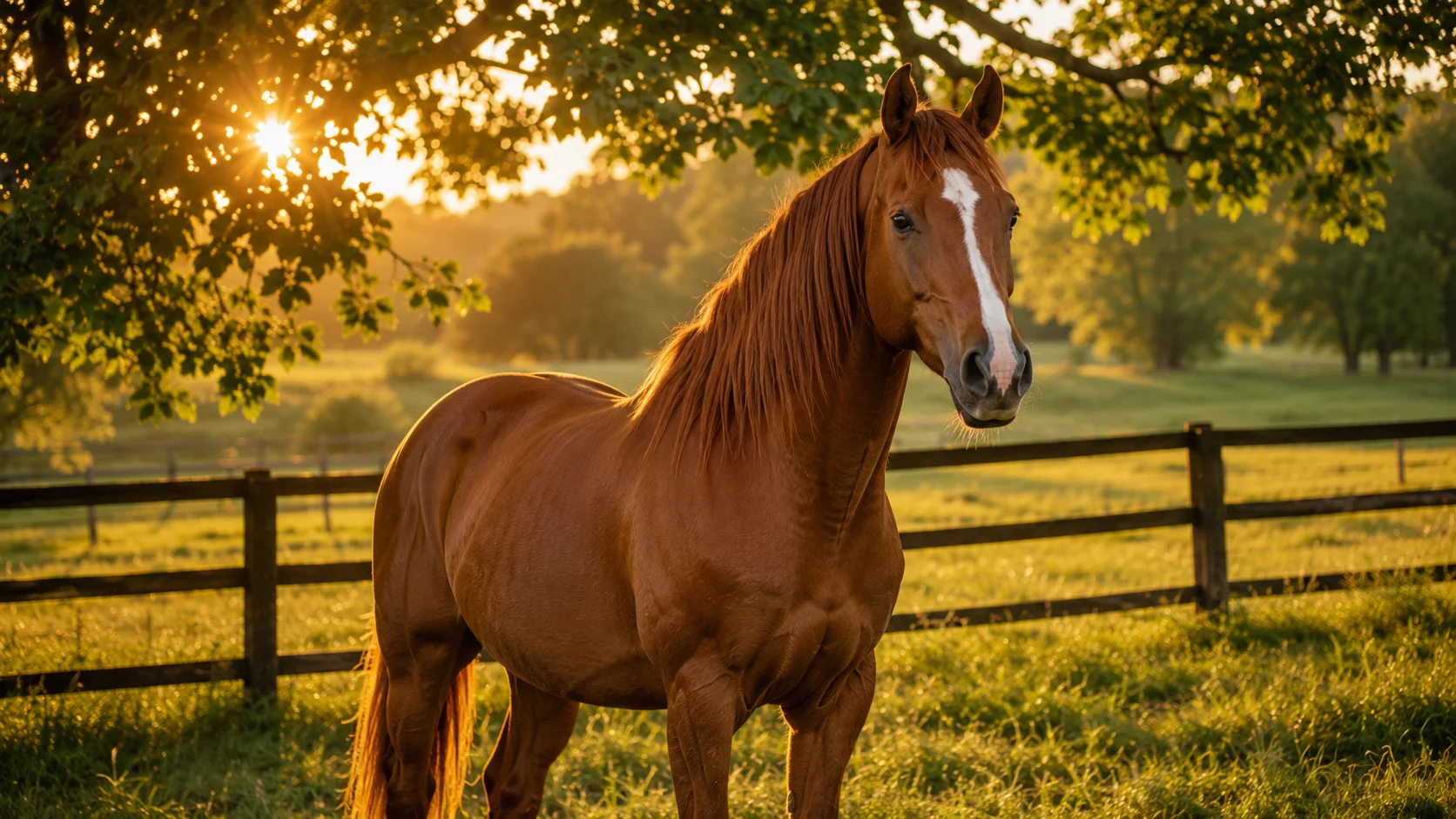 Un cheval alzan paisible debout dans un pré vert aux herbes hautes baigné par la lumière dorée du coucher de soleil