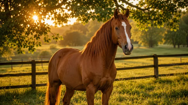 A calm chestnut horse standing peacefully in a lush green paddock during golden hour light