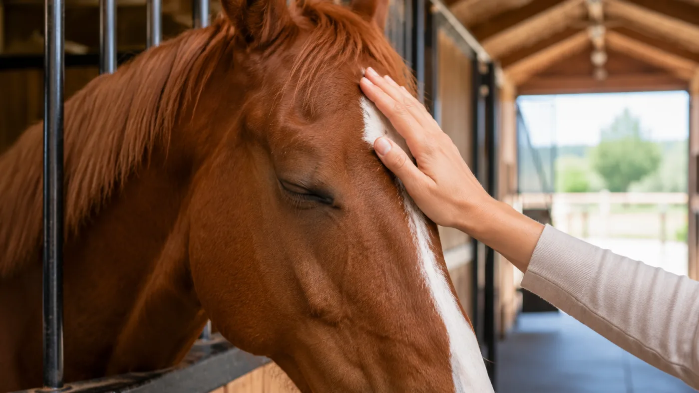 Un propriétaire de cheval caressant doucement le front d'un cheval dans une écurie en bois moderne et lumineuse  🎨 Prompts pour ChatGPT / DALL-E 3 (Génération d'i