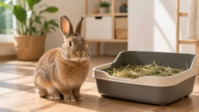 A cute house rabbit sitting calmly next to a clean litter box in a cozy indoor setup