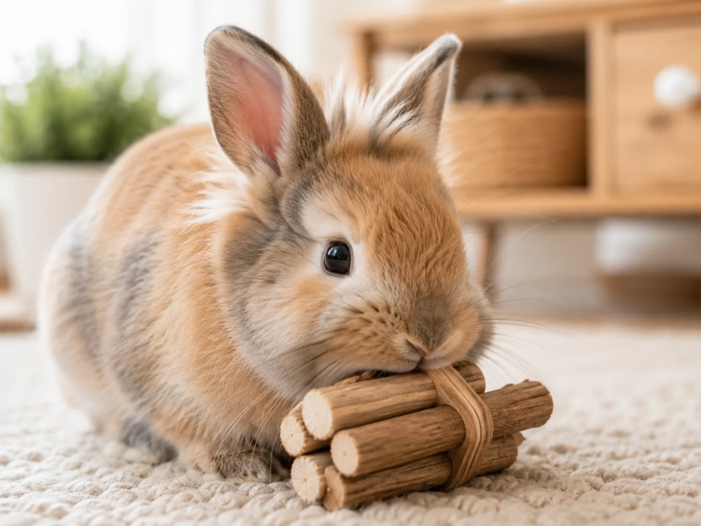 Un coniglio che sgranocchia un gioco in legno sicuro su un tappeto in casa