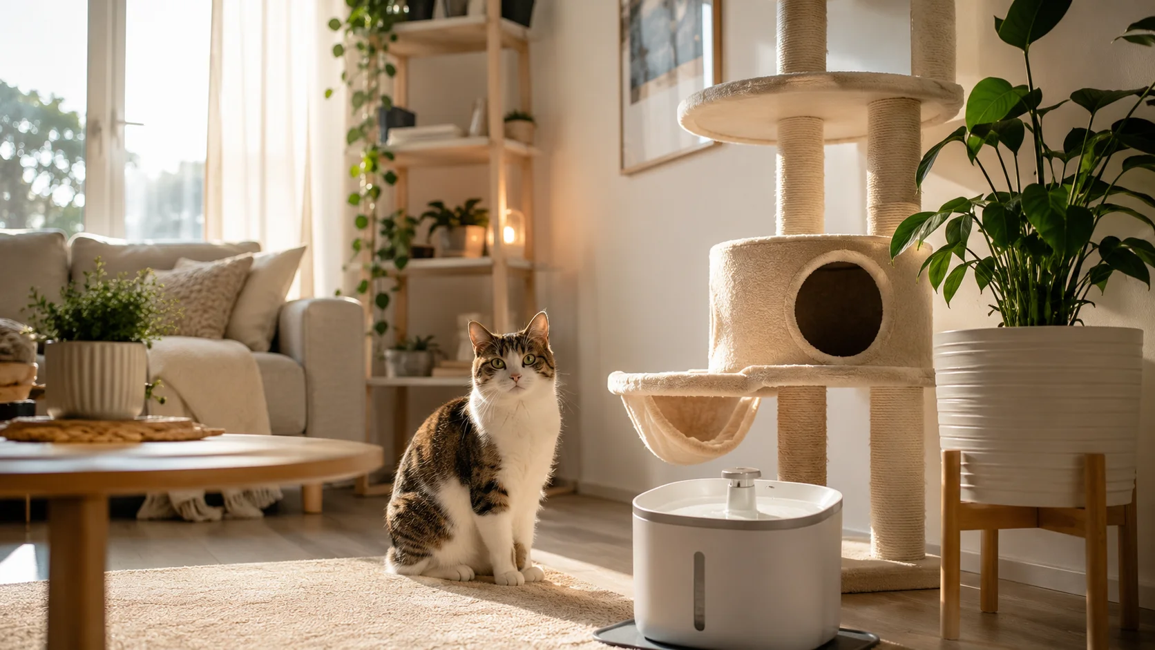 A healthy indoor cat relaxing peacefully in a sunlit modern apartment near a climbing tower