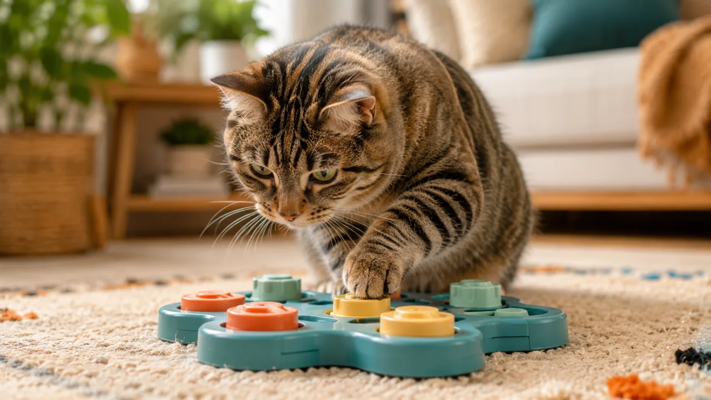 A curious indoor cat playing with an interactive puzzle toy on a living room floor