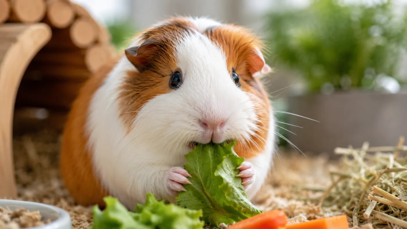 Nahaufnahme eines Meerschweinchens, das an einer roten, vitamin-C-reichen Paprikascheibe knabbert