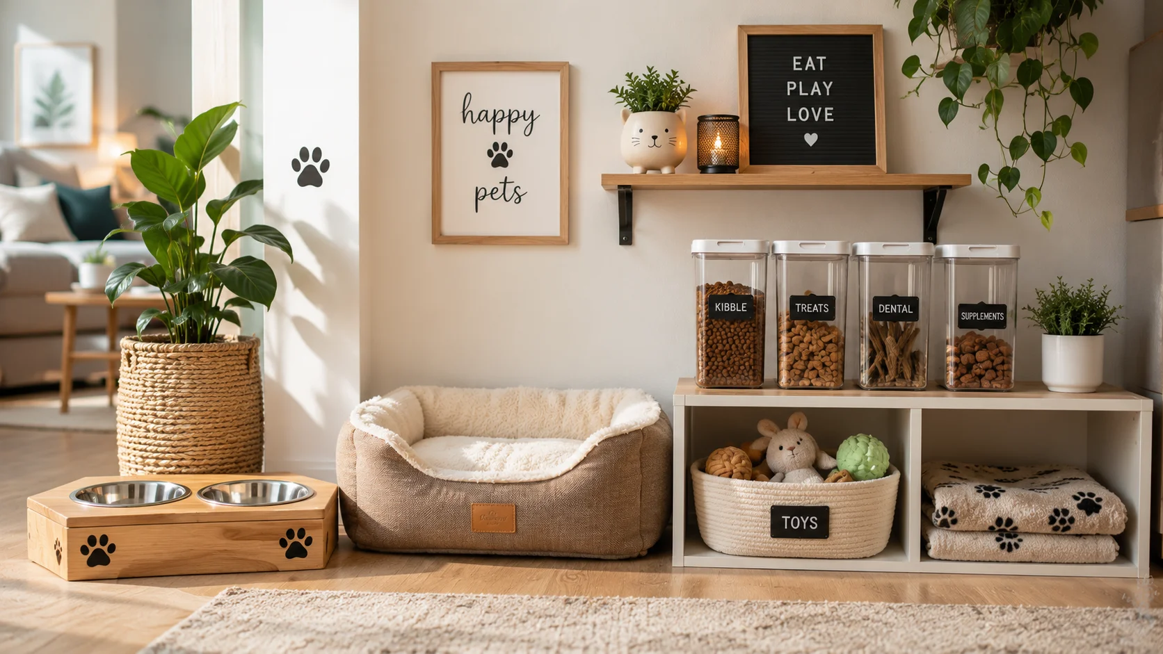 A beautifully organized home pet corner with a wooden feeding station, toy storage basket, and cozy bed