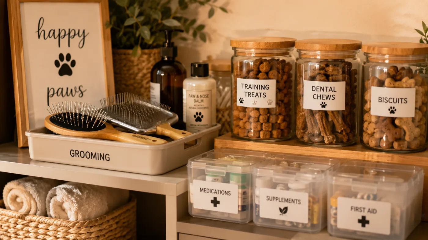 Neatly organized pet grooming tools and food storage containers on a wooden shelf