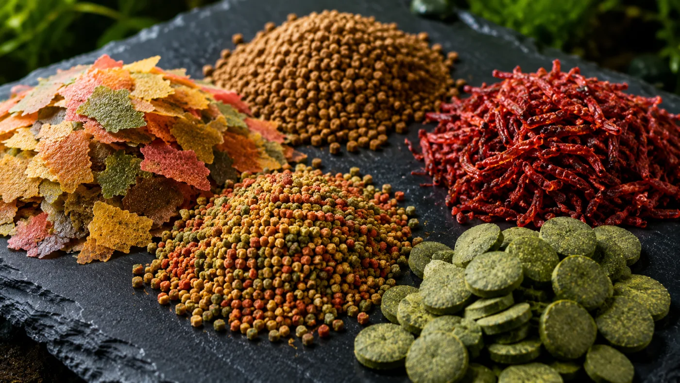 Makro-Nahaufnahme verschiedener Fischfutterarten: Flocken, Mikro-Pellets, Spirulina-Wafer und Mückenlarven