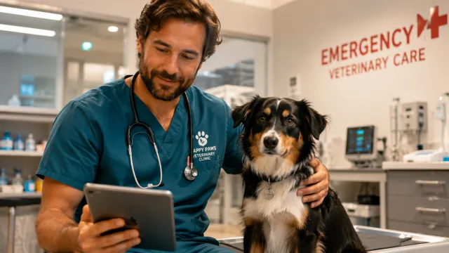 A veterinarian in scrubs holding a digital tablet next to a worried dog in a brightly lit emergency clinic room