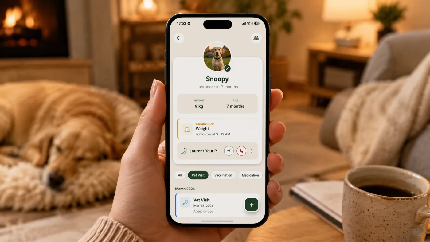 Close-up of a smartphone screen displaying a pet's organized digital medical timeline and emergency contact info