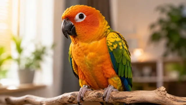A close-up of a vibrant parrot perched on a wooden branch indoors looking alert and healthy
