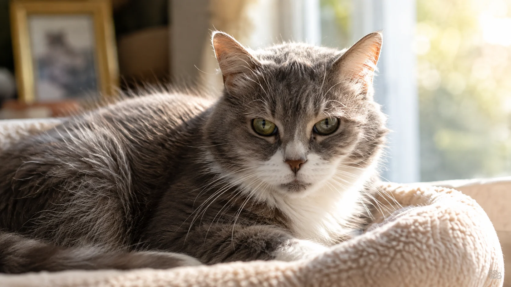 A serene senior cat with grey-white fur resting comfortably near a sunlit window