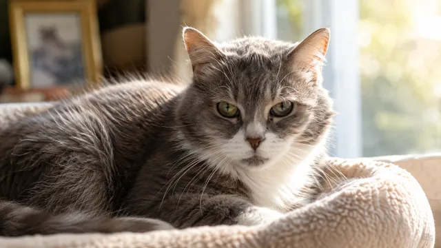 Nahaufnahme einer älteren Katze mit grau-weißem Fell, die entspannt auf einem Kissen am sonnigen Fenster liegt
