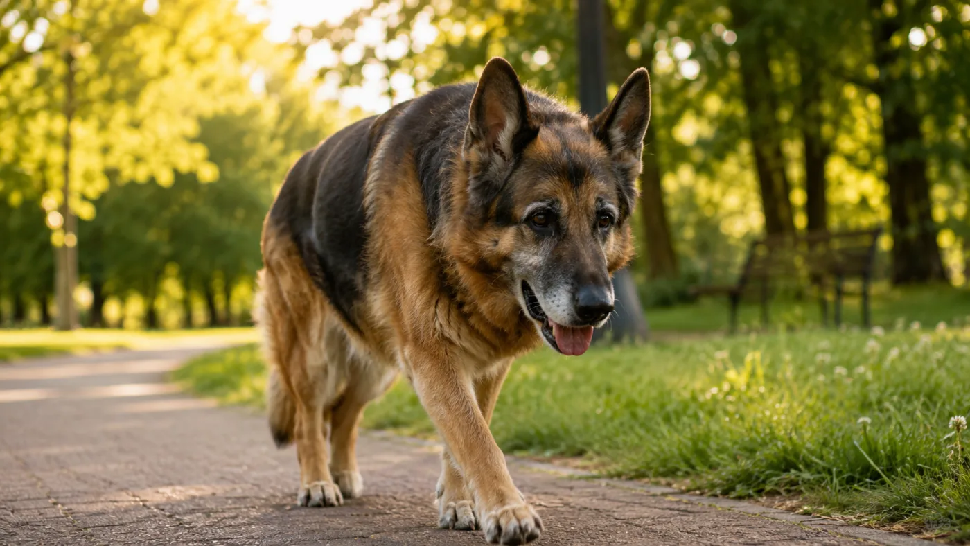 An elderly German Shepherd with a grey muzzle walking slowly along a park path during a sunny afternoon