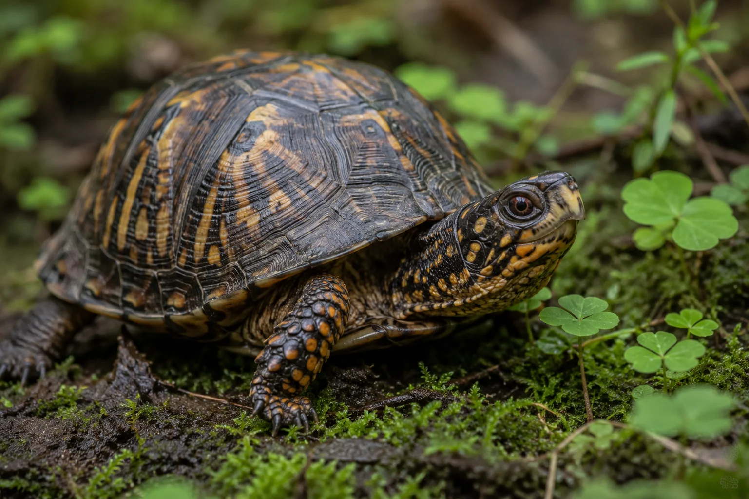 Dosen-Schachtelschildkröte wandert über feuchte Erde mit Moos in einem naturnahen Gehege
