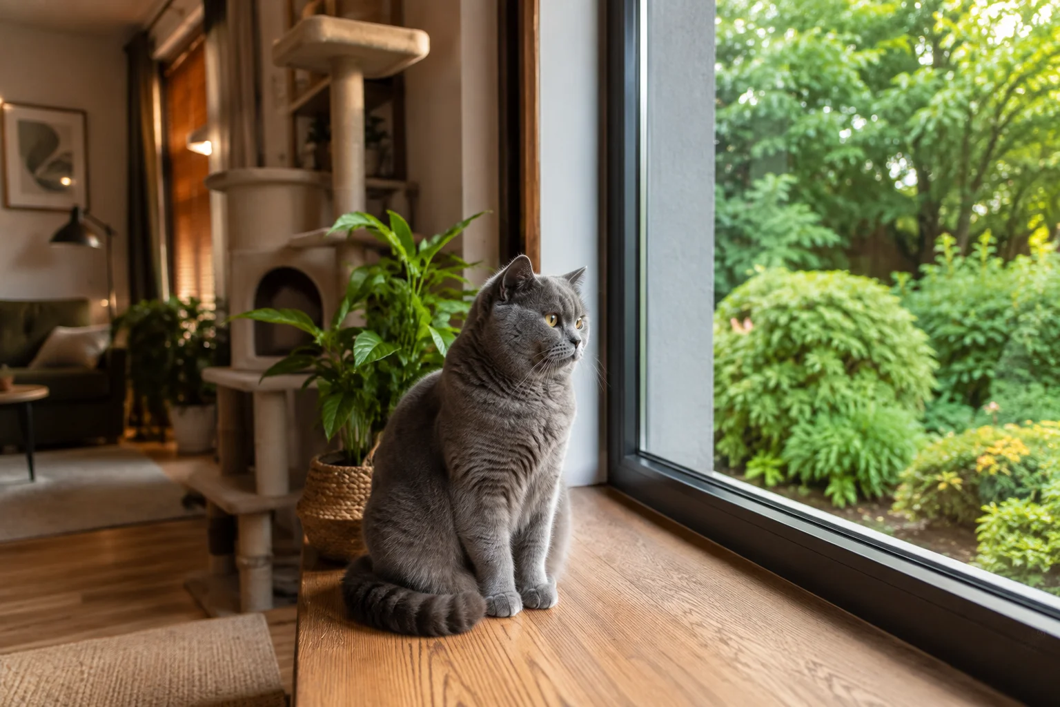Pisică British Shorthair albastră stând confortabil pe pervazul unei ferestre într-un sufragerie luminoasă
