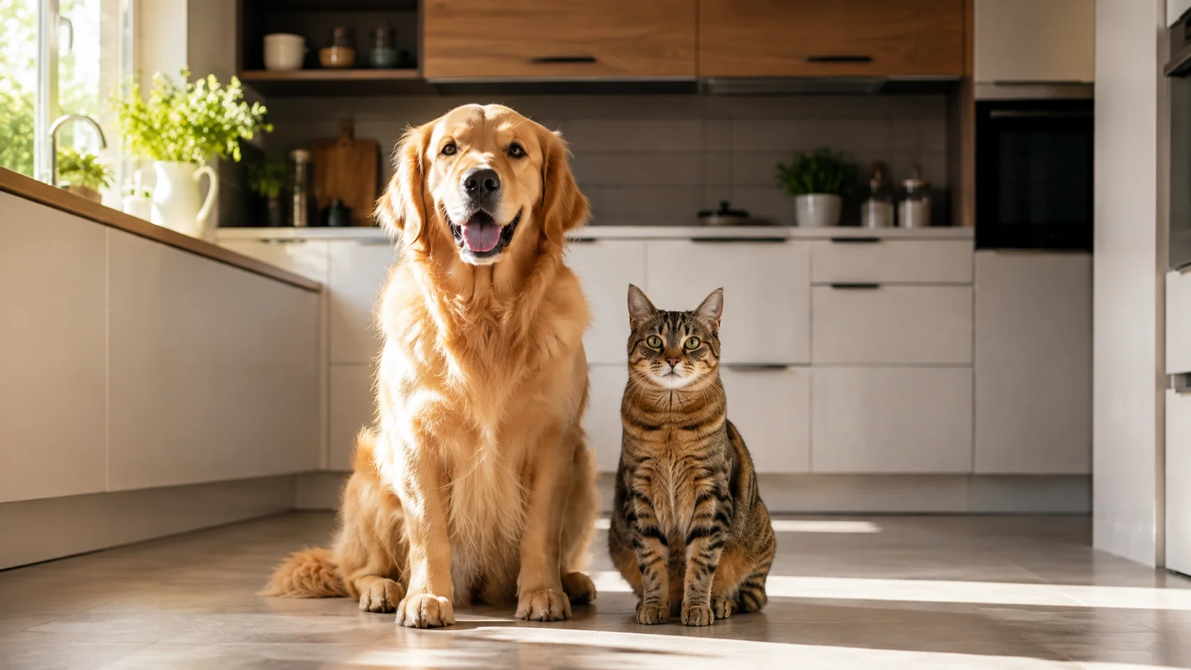 Dog and cat sitting safely on a clean kitchen floor next to closed cabinets