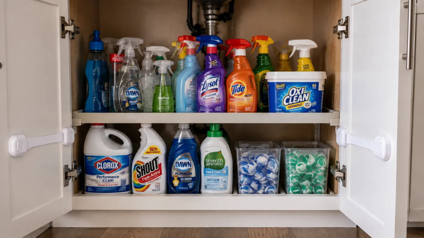 Cleaning detergent bottles and household disinfectants organized safely inside a locked cabinet