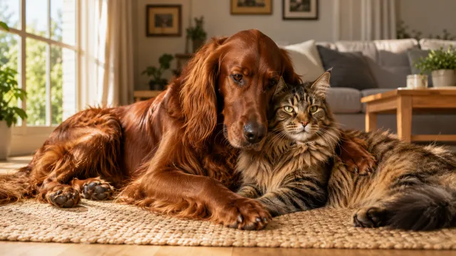 An Irish Setter dog and a large Maine Coon cat sharing a gentle moment together in a sunlit living room