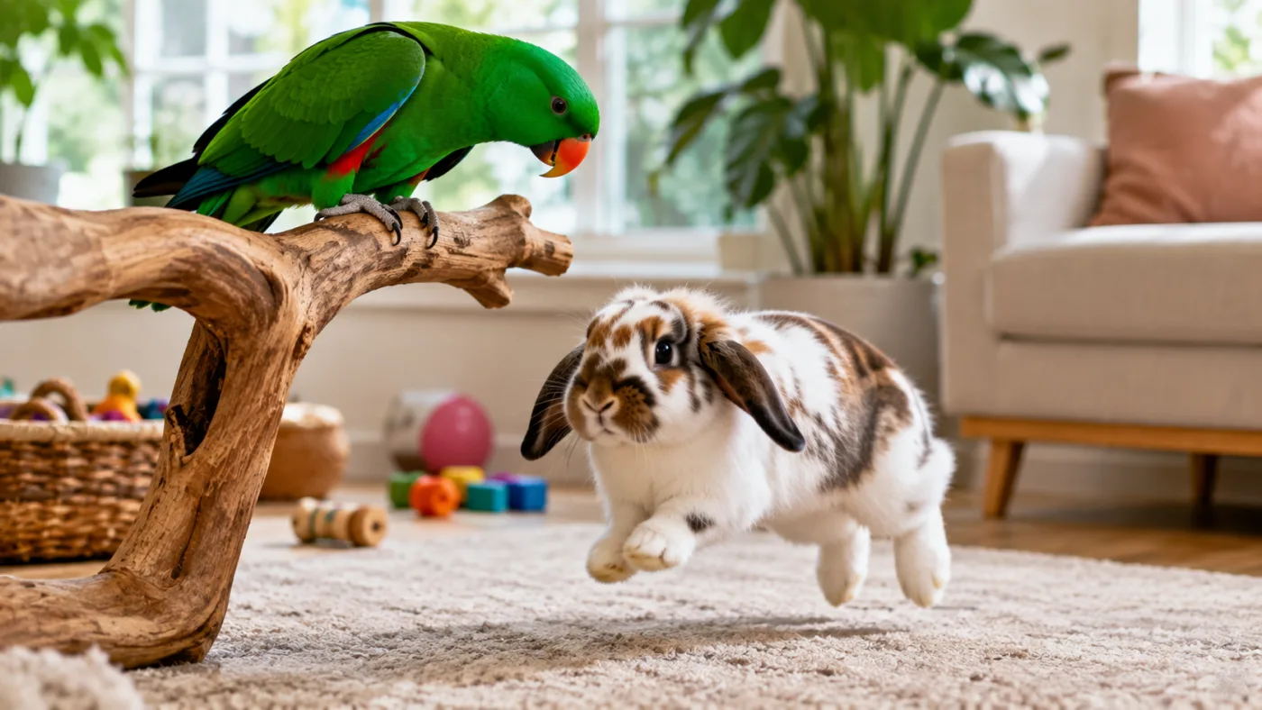A vibrant male Eclectus parrot perched near a cute Holland Lop rabbit playing on a soft carpet