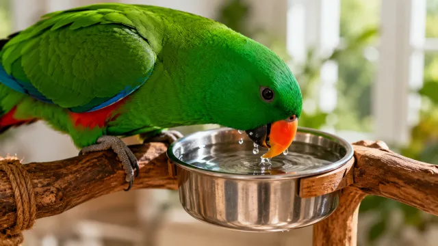 An emerald green male Eclectus parrot drinking fresh water from a stainless steel bowl in a sunlit environment