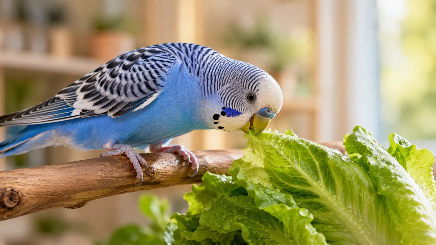 A light blue Budgerigar parrot exploring fresh wet leafy greens on a wooden branch