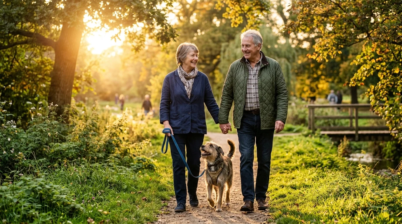 Una pareja de personas mayores sonriendo mientras pasea a un perro mestizo rescatado en un parque al atardecer