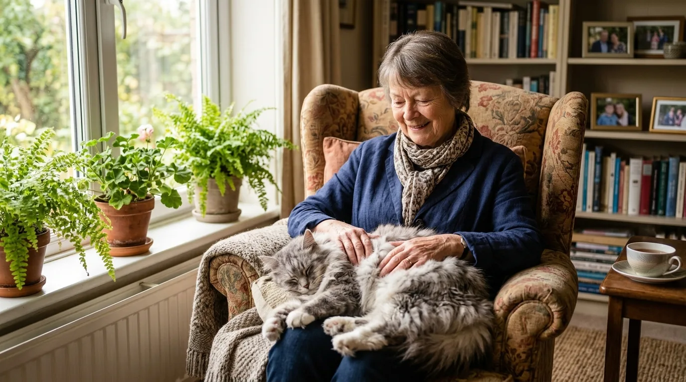 Una mujer mayor sonriendo con ternura mientras acaricia a un gato en su regazo sentada en el sofá