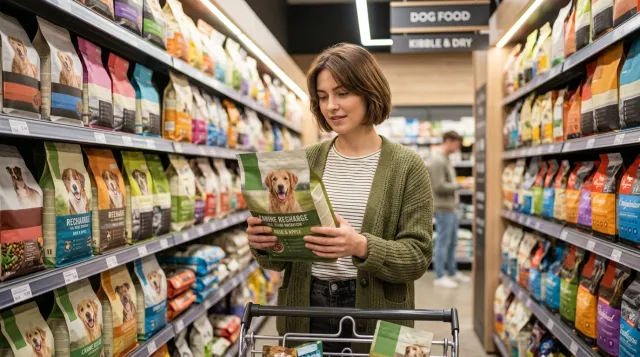 A pet owner standing in a brightly lit supermarket aisle carefully reading the ingredient label on a bag of dog food