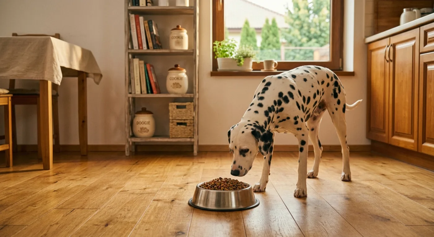A happy healthy dog eating delicious dry kibble from a stainless steel bowl on a clean wooden floor