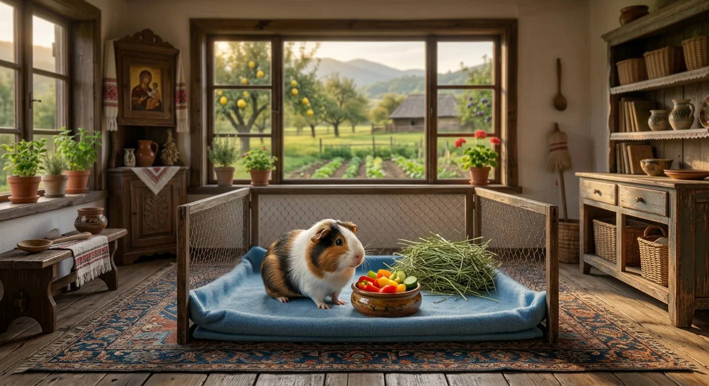 A cheerful tricolor guinea pig standing on its hind legs vocalizing for fresh food