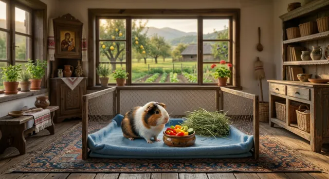A cheerful tricolor guinea pig standing on its hind legs vocalizing for fresh food