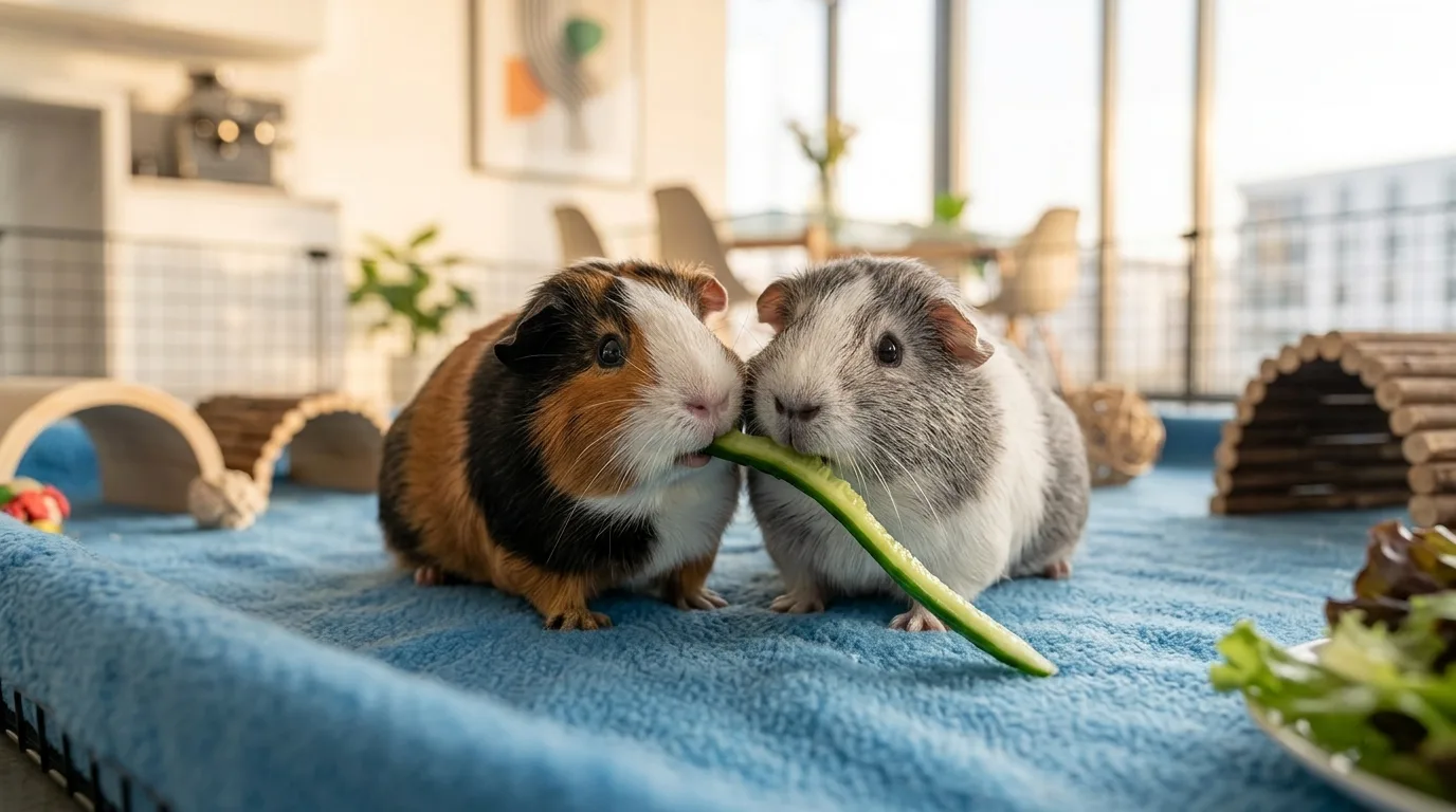 Two bonded guinea pigs resting peacefully together on a clean fleece bed