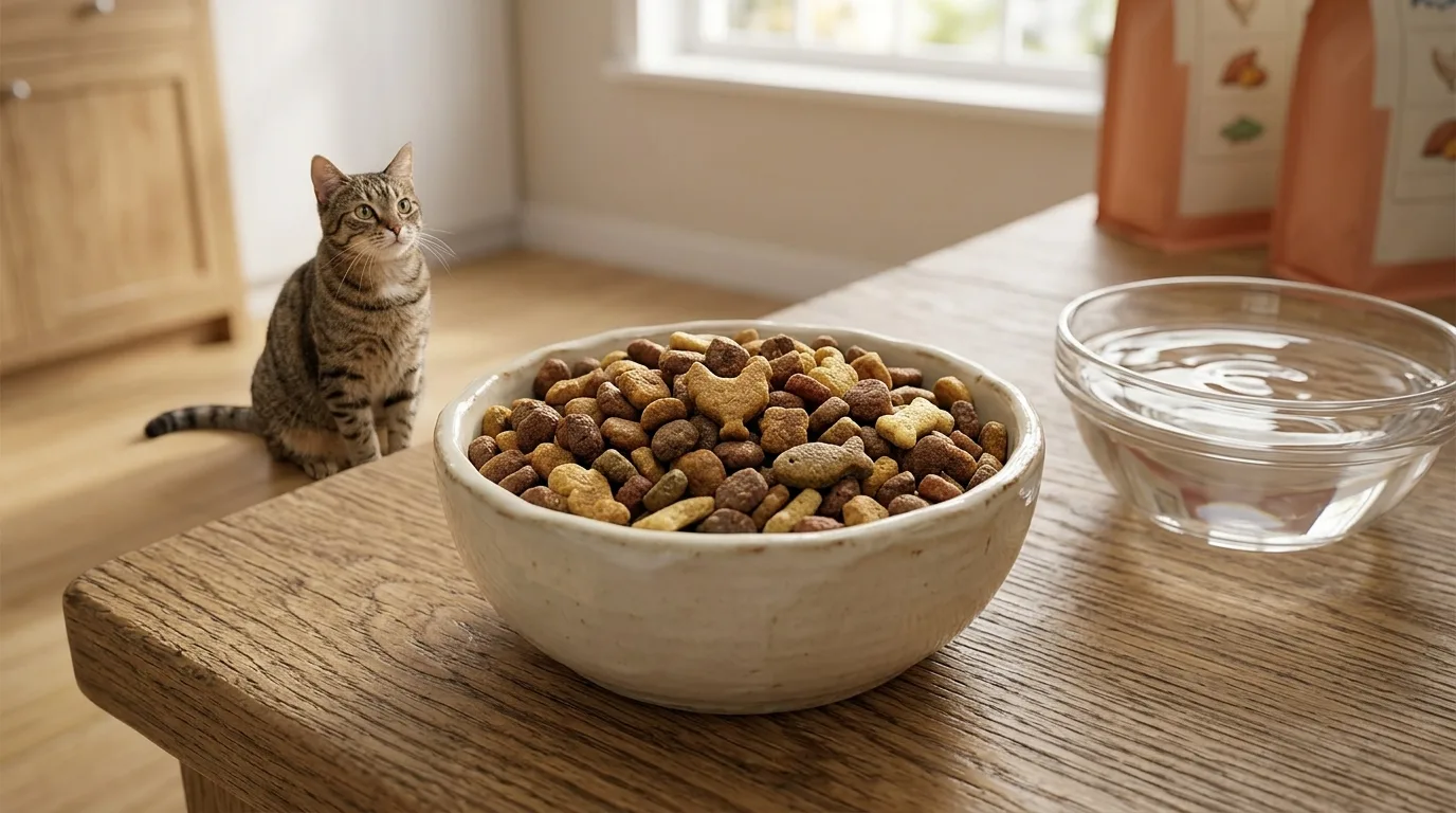 A close-up view of fresh dry cat kibble in a ceramic bowl next to a water bowl.