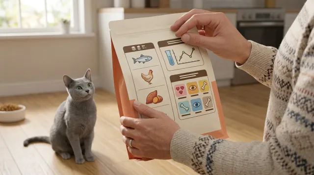 A cat owner turning over a cat food bag in the kitchen to inspect the ingredients panel.