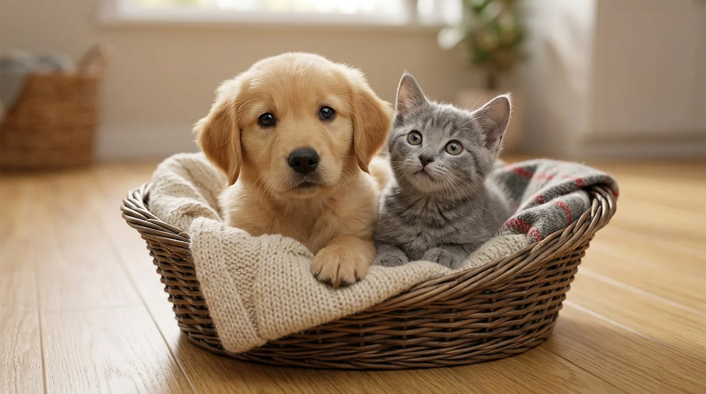 Un cățeluș Golden Retriever și o pisicuță vărgată stând împreună într-un coș împletit și călduros.