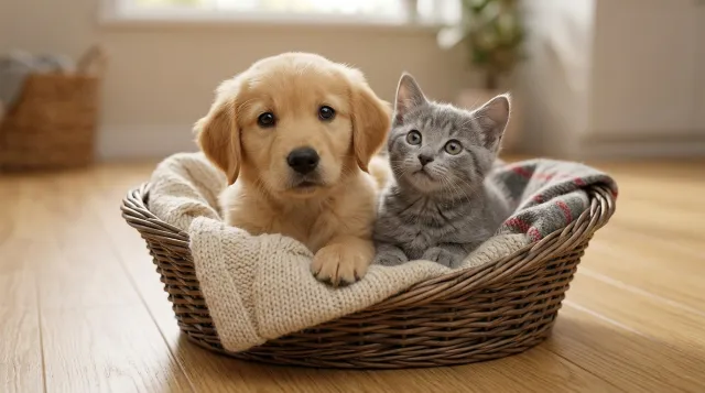 A tiny Golden Retriever puppy and a tabby kitten sitting together inside a cozy woven basket.