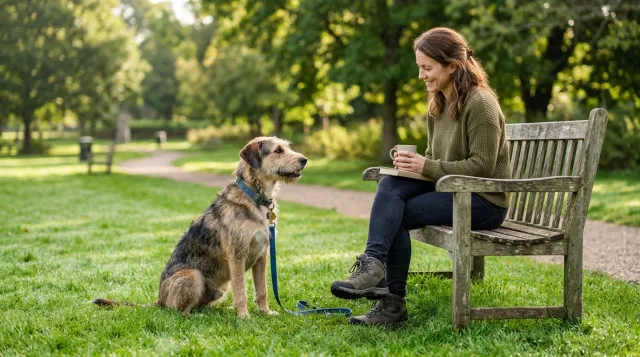 A rescued mixed-breed dog sitting calmly on a park lawn near a wooden bench with its owner.