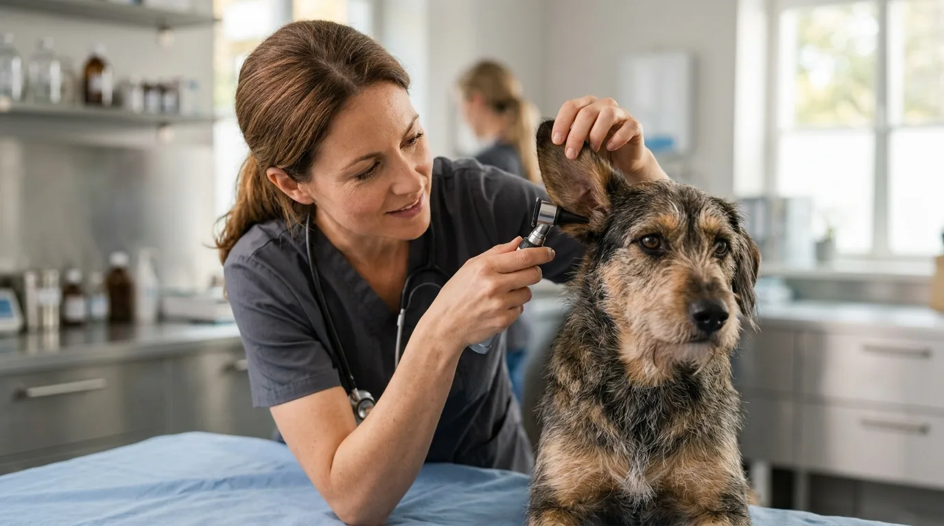 A veterinarian conducting a gentle health check on a rescued dog in a clinic.
