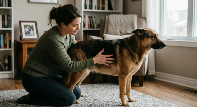 Una persona con ambas manos sobre el costado de su perro, revisando sus costillas en casa.