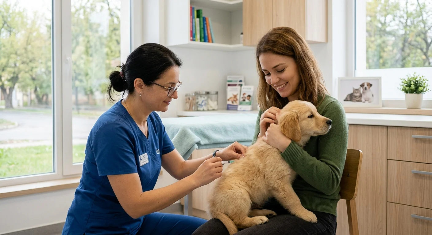 Ein Tierarzt impft einen Welpen, während der Besitzer ihn beruhigt festhält.